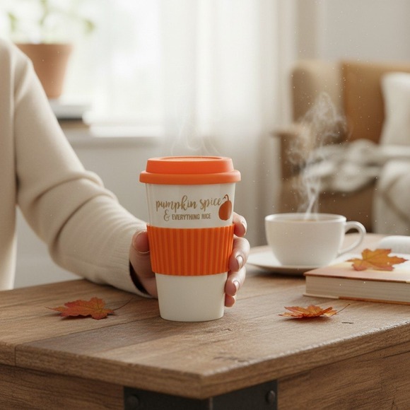 Kennex Other - Kennex Travel Mug Unisex OS White Orange Brand New Pumpkin Spice Ceramic Cup